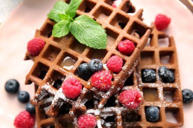 Lezzetli çikolatalı Belçika Waffle 'ı, tabağında böğürtlen, yakın plan.