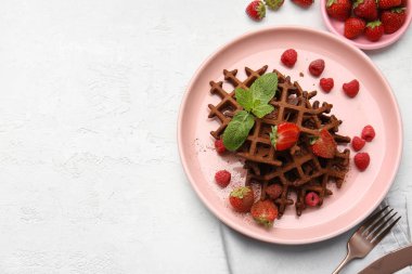 Beyaz arka planda böğürtlenli lezzetli çikolatalı Belçika Waffle tabağı.
