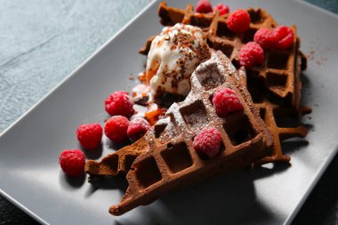 Bir tabak leziz çikolatalı Belçika Waffle 'ı. Dondurma ve ahududu ve siyah arka planda.