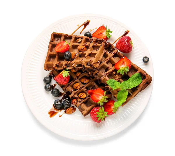 Plate Delicious Chocolate Belgian Waffles Berries White Background — Stock Photo, Image