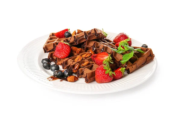 Plate Delicious Chocolate Belgian Waffles Berries White Background — Stock Photo, Image