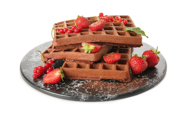 Board Delicious Chocolate Belgian Waffles Berries White Background — Stock Photo, Image