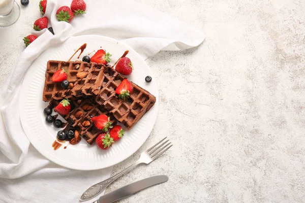 Plate Delicious Chocolate Belgian Waffles Berries Almond Light Background — Stock Photo, Image
