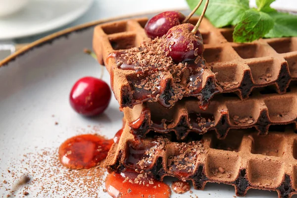 Plate Delicious Chocolate Belgian Waffles Cherry Table Closeup — Stock Photo, Image