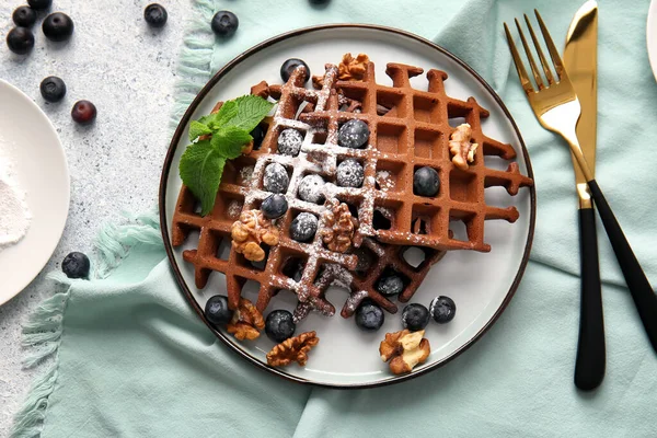 Plate Delicious Chocolate Belgian Waffles Blueberry Walnut White Background — Stock Photo, Image