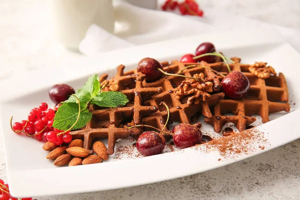 Plate Delicious Chocolate Belgian Waffles Berries Nuts Table — Stock Photo, Image