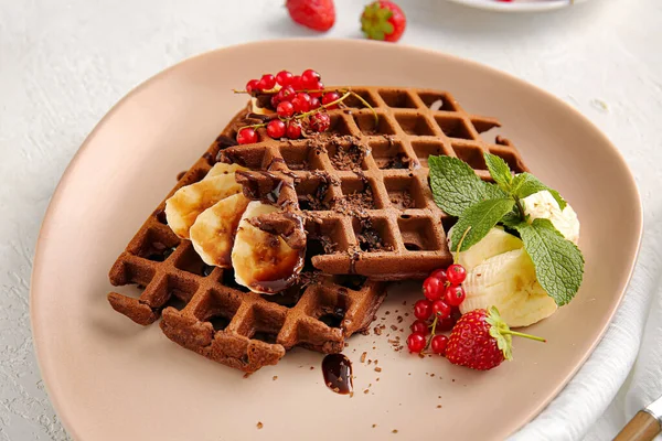 Plate Delicious Chocolate Belgian Waffles Fruits White Background — Stock Photo, Image