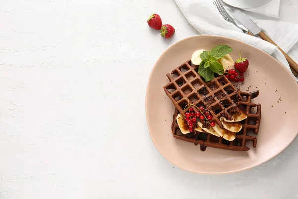Plate Delicious Chocolate Belgian Waffles Fruits White Background — Stock Photo, Image