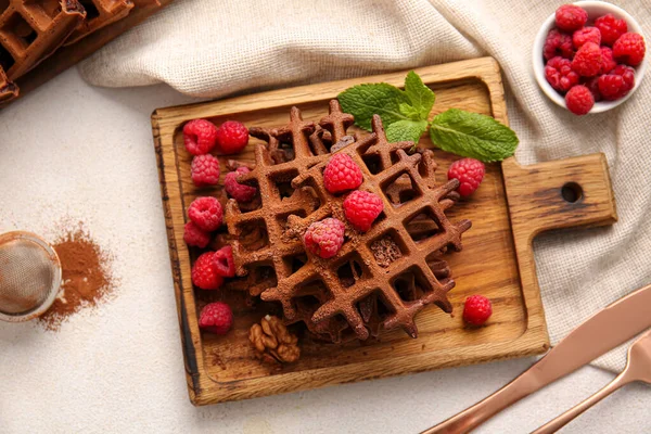 Wooden Board Delicious Chocolate Belgian Waffles Raspberry White Background — Stock Photo, Image