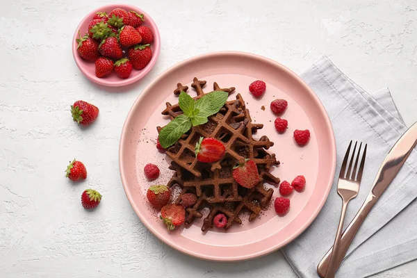 Plate Delicious Chocolate Belgian Waffles Berries White Background — Stock Photo, Image