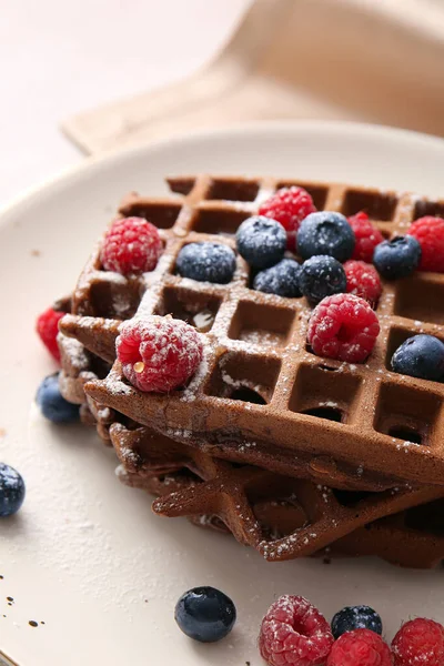 Plate Delicious Chocolate Belgian Waffles Berries Table Closeup — Stock Photo, Image