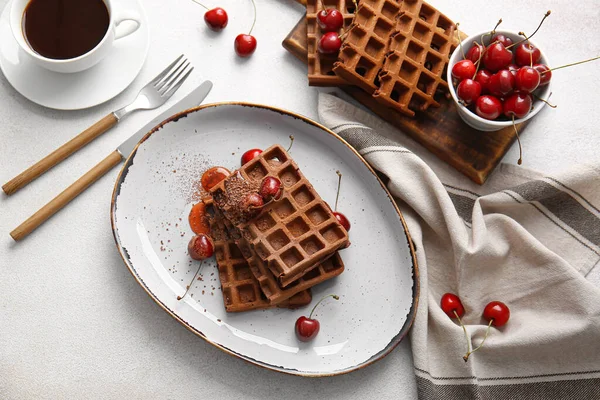 Plate Wooden Board Delicious Chocolate Belgian Waffles Cherry White Background — Stock Photo, Image