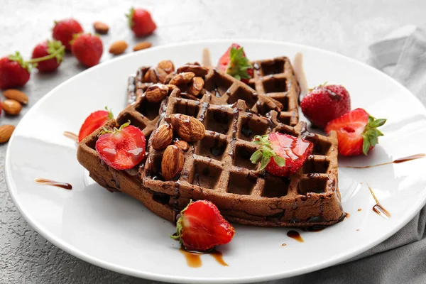 Plate Delicious Chocolate Belgian Waffles Strawberry Almond Light Background — Stock Photo, Image