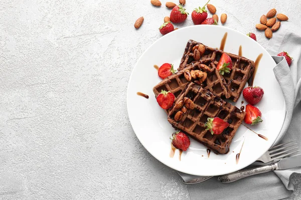 Plate Delicious Chocolate Belgian Waffles Strawberry Almond Light Background — Stock Photo, Image