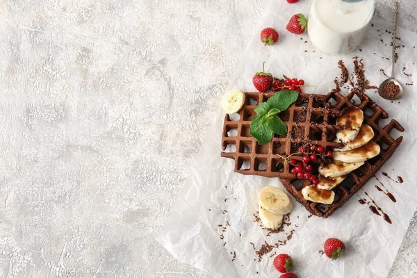 Delicious Chocolate Belgian Waffles Fruits Light Background — Stock Photo, Image
