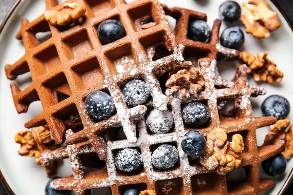 Delicious Chocolate Belgian Waffles Blueberry Walnut Plate Closeup — Stock Photo, Image