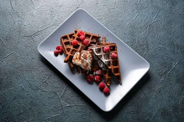 Plate Delicious Chocolate Belgian Waffles Ice Cream Raspberry Black Background — Stock Photo, Image