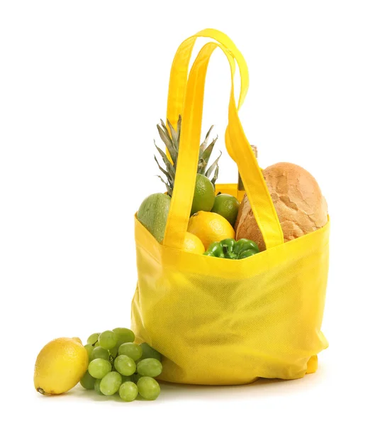 Ökotáska Gyümölcsökkel Zöldségekkel Kenyérrel Fehér Alapon — Stock Fotó
