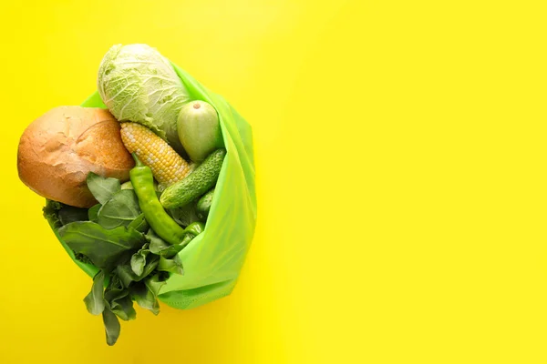 Eco Bag Vegetables Greens Bread Color Background — Stock Photo, Image