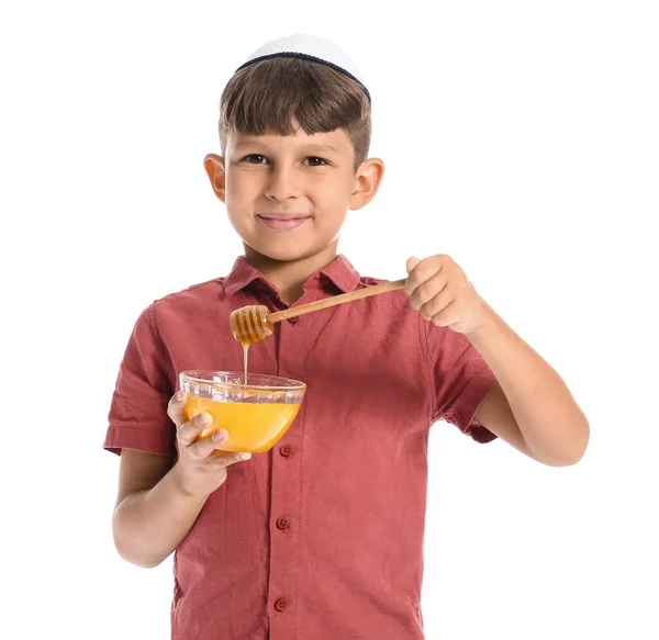 Liten Pojke Med Söt Honung Vit Bakgrund Rosh Hashanah Judisk — Stockfoto