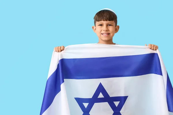 Little Boy Flag Israel Color Background — Stock Photo, Image