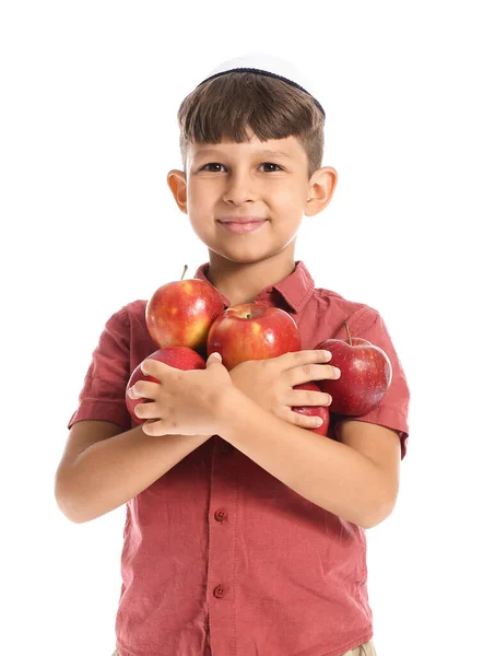 Menino Com Maçãs Romãs Fundo Branco Rosh Hashanah Ano Novo — Fotografia de Stock