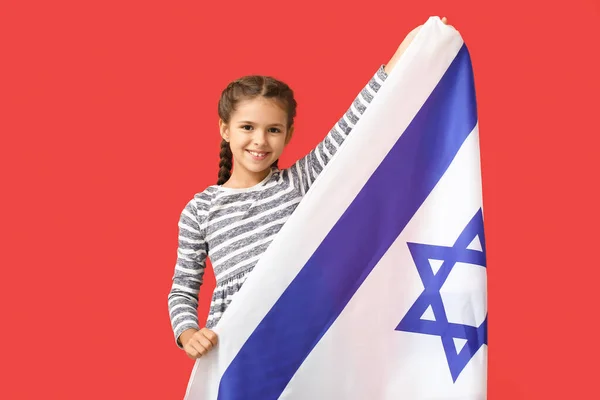 Petite Fille Avec Drapeau Israël Sur Fond Couleur — Photo