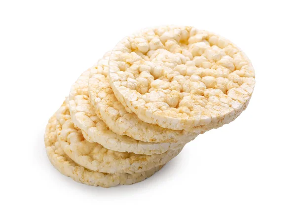 Pila Galletas Crujientes Arroz Sobre Fondo Blanco — Foto de Stock