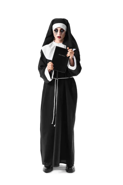 Woman Dressed Halloween Nun Bible White Background — Stock Photo, Image