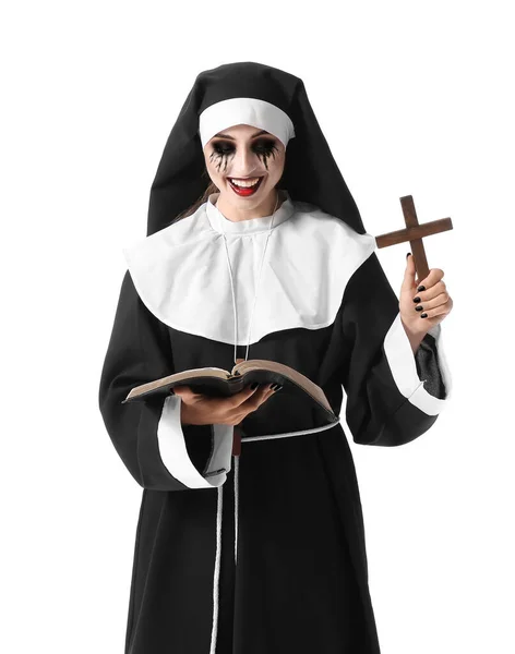 Woman Dressed Halloween Nun Bible Cross White Background — Stock Photo, Image