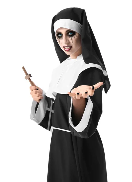 Woman Dressed Halloween Nun White Background — Stock Photo, Image