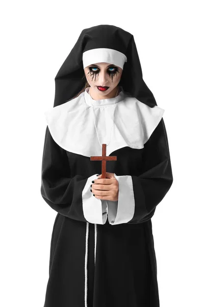 Woman Dressed Halloween Nun White Background — Stock Photo, Image