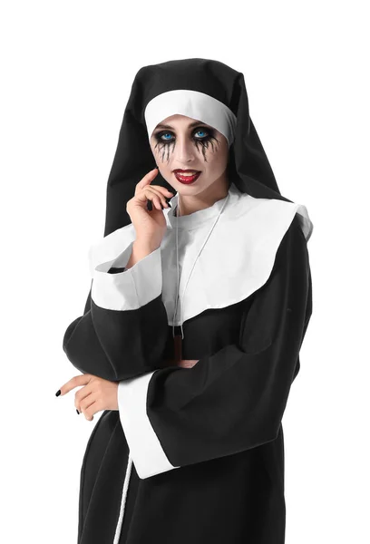 Woman Dressed Halloween Nun White Background — Stock Photo, Image