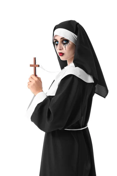 Woman Dressed Halloween Nun White Background — Stock Photo, Image