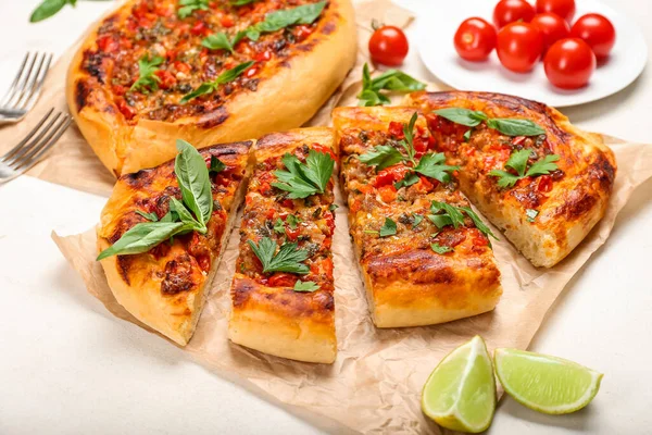 Tasty Sliced Turkish Pizza White Background — Stock Photo, Image