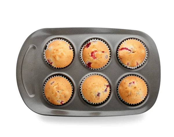 Bakken Tin Met Lekkere Cranberry Muffins Witte Achtergrond — Stockfoto