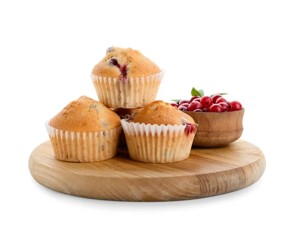 Tavola Legno Con Gustosi Muffin Mirtillo Sfondo Bianco — Foto Stock