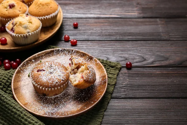 Plates Tasty Cranberry Muffins Wooden Background — Stock Photo, Image