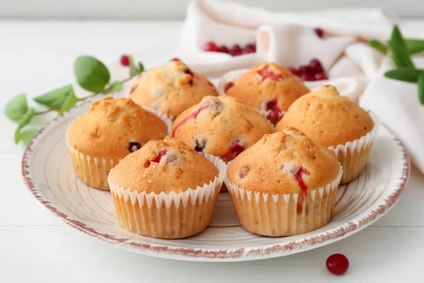 Plate Tasty Cranberry Muffins Light Wooden Background — Stock Photo, Image