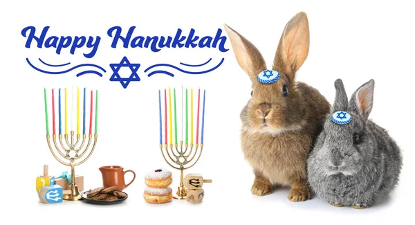 Вітальна Листівка Хеппі Хануки Смішними Єврейськими Кроликами — стокове фото