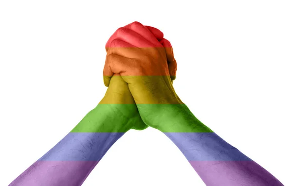 Male Hands Painted Colors Lgbt Flag White Background — Stock Photo, Image