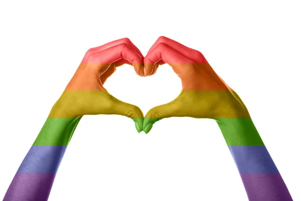 Woman Making Heart Her Hands Painted Colors Lgbt Flag White — Stock Photo, Image