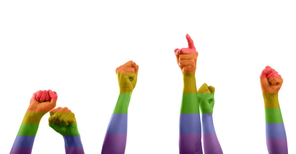 Vrouwelijke Handen Geschilderd Kleuren Van Lgbt Vlag Witte Achtergrond — Stockfoto