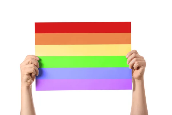 Mãos Masculinas Com Bandeira Lgbt Fundo Branco — Fotografia de Stock