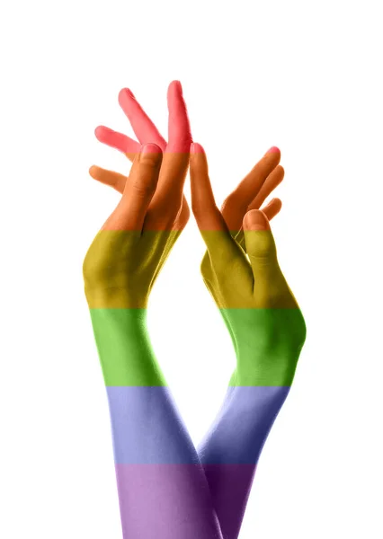 白い背景にLgbtの旗の色で描かれた女性の手 — ストック写真