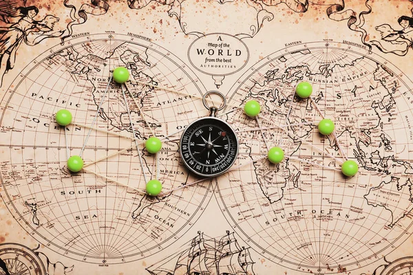 Bússola Velha Mapa Mundo Vintage Com Pontos Marcados — Fotografia de Stock