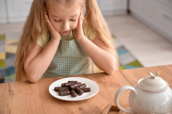 Cute Little Girl Chocolate Kitchen Closeup — Stock Photo, Image