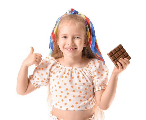 Cute Little Girl Chocolate Showing Thumb White Background — Stock Photo, Image