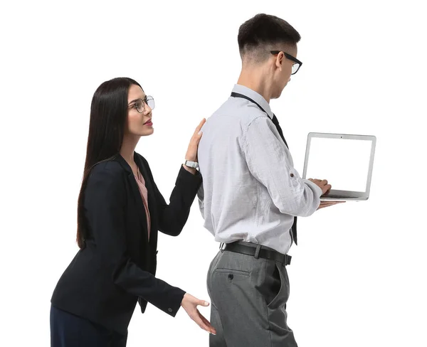 Beautiful Young Secretary Seducing Her Boss White Background Concept Harassment — Stock Photo, Image