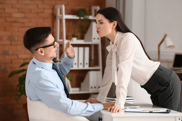 Beautiful Young Secretary Seducing Her Boss Office Concept Harassment — Stock Photo, Image